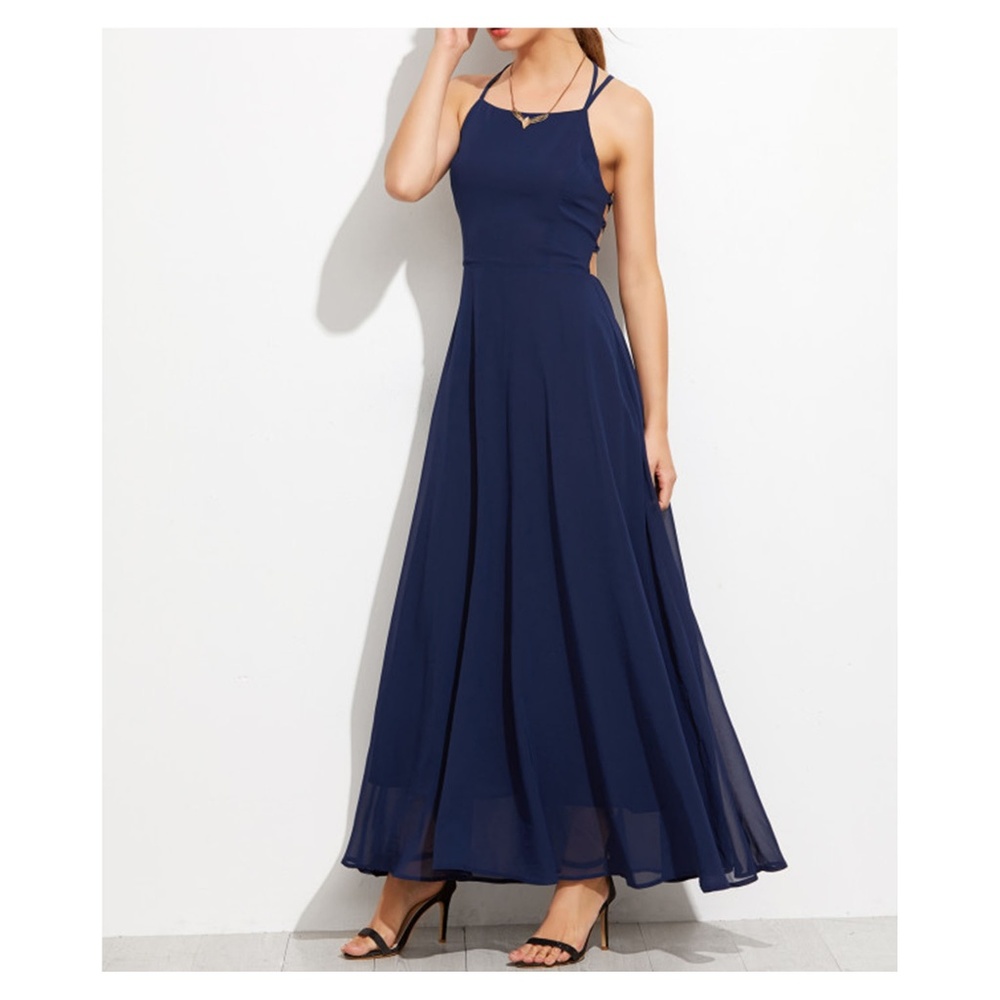 Navy Blue Lace Up Back Chiffon Maxi Dress - Picture 3 of 5